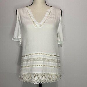 BB Dakota X-Small White V-Neck Cold Shoulder Eyelet Lace Top